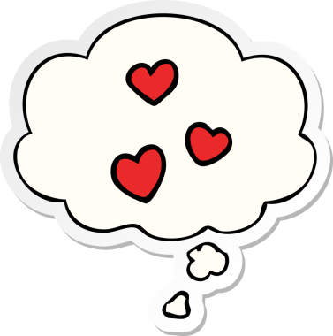 İnsan tarafından çizilmiş bir çıkartma gibi düşünce baloncuklu karikatür kalbi.