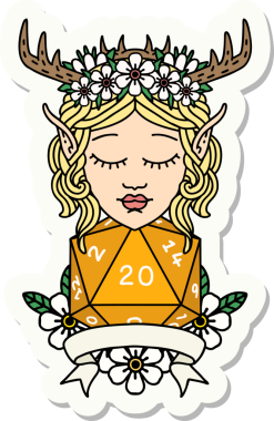 Bir insan tarafından çizilmiş doğal 20 zarlı Elf Druid karakterinin çıkartması.