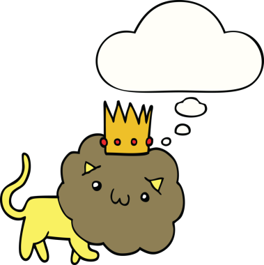 Bir insan tarafından çizilmiş düşünce baloncuklu taç takmış çizgi film aslanı.