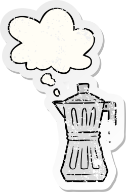 Düşünce baloncuğu olan karikatür espresso makinesi bir insan tarafından çizilmiş yıpranmış bir çıkartma.