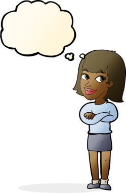 Bir insan tarafından çizilmiş düşünce baloncuğuyla bakan mutlu bir karikatür.