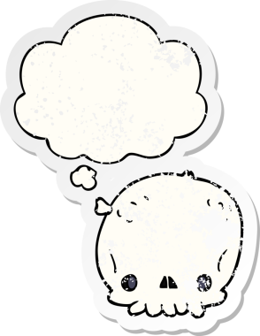 Düşünce baloncuklu karikatür kafatası bir insan tarafından çizilmiş yıpranmış bir çıkartma gibi.