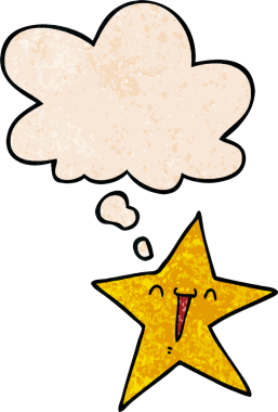 Bir insan tarafından çizilmiş grunge desen tarzında düşünce baloncuğu olan mutlu çizgi film yıldızı.