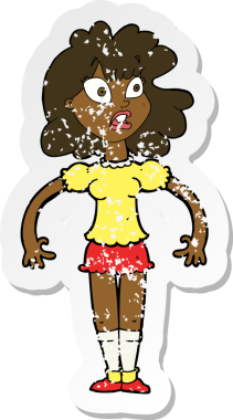 Bir insan tarafından çizilmiş, şok olmuş bir ifadeye sahip, karikatürlü, tatlı bir kızın gerilimli çıkartması.