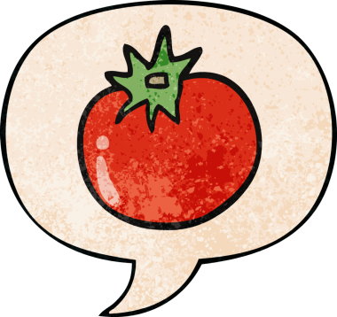 bir insan tarafından çizilmiş eski dokuma tarzında konuşma baloncuklu domates.