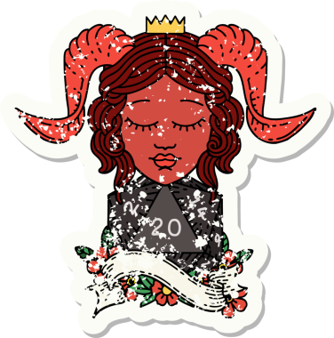 Bir insan tarafından çizilmiş doğal yirmilik zarla süslenmiş grunge çıkartması.