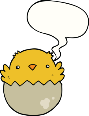 Bir insan tarafından çizilmiş konuşma baloncuğuyla yumurtadan çıkan karikatür yavrusu.