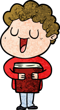 Bir insan tarafından çizilmiş kitabı olan gülen bir karikatür adamı.