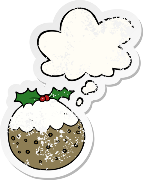 Düşünce baloncuklu Noel pudingi insan tarafından çizilmiş yıpranmış bir çıkartma.