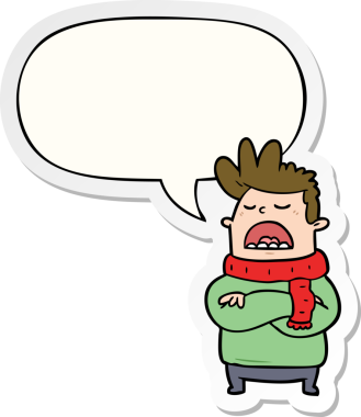 Bir insan tarafından çizilmiş konuşma kabarcığı çıkartmalı, kışın giydirilmiş iğrenç bir adam.