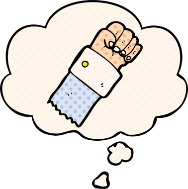 Çizgi roman tarzında bir insan tarafından çizilmiş düşünce baloncuğu ile yumruk kaldırılmış bir çizgi film.