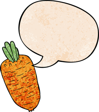 bir insan tarafından çizilmiş, retro dokuma tarzında konuşma baloncuklu sebze çizgi filmi.