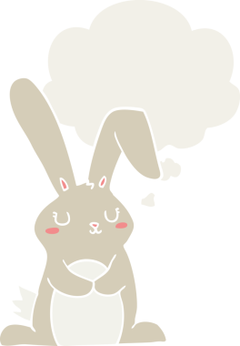 Düşünce baloncuklu çizgi film tavşanı insan tarafından çizilmiş.