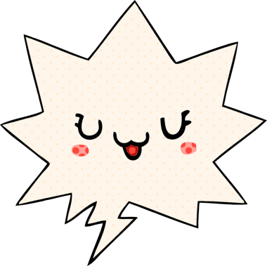 Bir insan tarafından çizilmiş çizgi roman tarzında konuşma baloncuğu olan sevimli mutlu bir çizgi film yüzü.