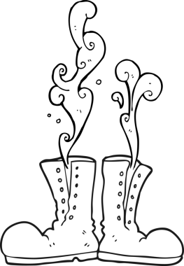 Bir insan tarafından çizilmiş, siyah beyaz, buharlı asker çizmeleri.