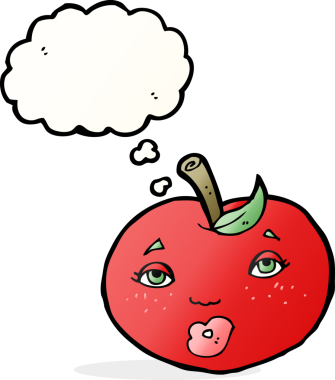 bir insan tarafından çizilmiş, yüzü düşünce baloncuğu olan çizgi film elması