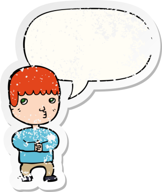 Karikatürist, konuşma baloncuğuyla düşünüyor. Bir insan tarafından çizilmiş sıkıntılı eski bir çıkartma.