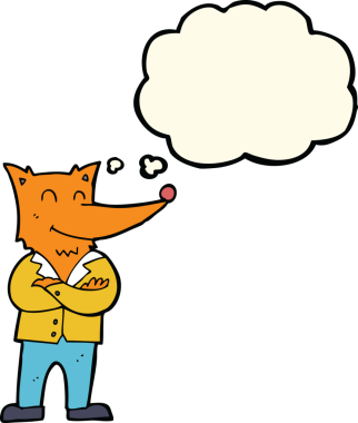 Bir insan tarafından çizilmiş düşünce baloncuklu tişörtlü tilki.