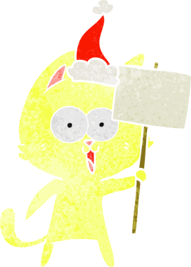 Bir insan tarafından çizilmiş Noel Baba şapkalı komik bir kedi çizimi.