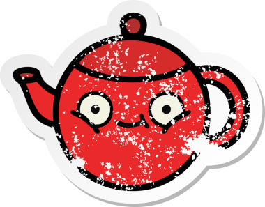 Bir insan tarafından çizilmiş şirin bir karikatür çaydanlığının sıkıntılı çıkartması.