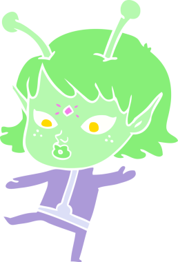 Bir insan tarafından çizilmiş düz renk çizgi film uzaylı kızı.