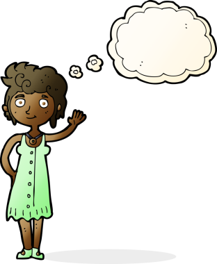 Bir insan tarafından çizilmiş düşünce baloncuğuyla el sallayan hippi kadın.