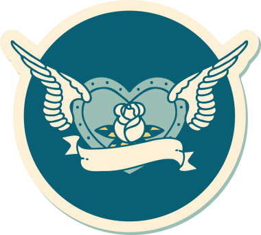 Geleneksel bir dövme stili. Uçan kalp. Çiçekler ve bir insan tarafından çizilmiş bayrak.