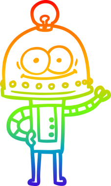 Gökkuşağı gradyan çizgisi mutlu bir karton robot çizimi ve bir insan tarafından çizilmiş ampul.