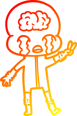 Sıcak bir çizgi film çizimi. Büyük bir beyin uzaylısının ağlaması ve bir insan tarafından çizilmiş barış işareti.