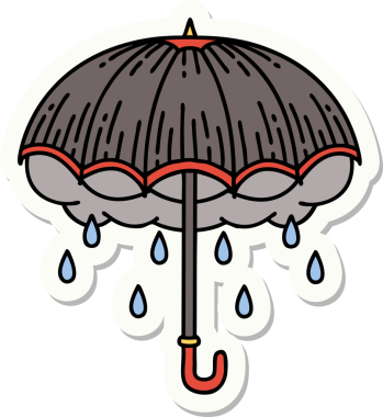 Bir insan tarafından çizilmiş geleneksel bir şemsiye ve fırtına bulutu stili dövme çıkartması.