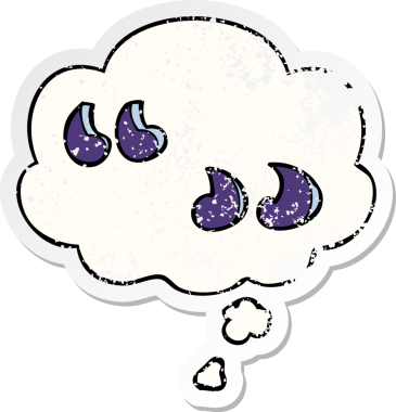 Düşünce baloncuğu olan çizgi film tırnak işaretleri insan tarafından çizilmiş yıpranmış bir çıkartma.