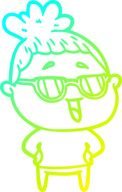 Bir insan tarafından çizilmiş gözlük takan mutlu bir kadının çizgi film çizimi.