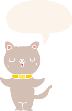 Konuşma baloncuğu olan çizgi film kedisi insan tarafından çizilmiş.