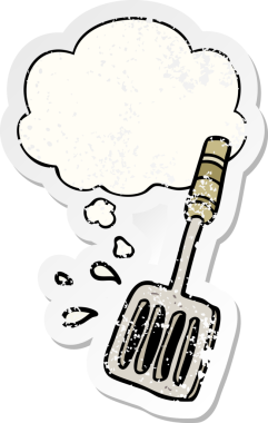 Düşünce baloncuklu çizgi film spatulası insan tarafından çizilmiş yıpranmış bir çıkartma.