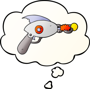 Düşünce baloncuklu karikatür ışın tabancası bir insan tarafından çizilmiş.