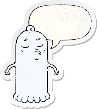 Konuşma baloncuğu olan karikatür hayaleti bir insan tarafından çizilmiş sıkıntılı eski bir çıkartma