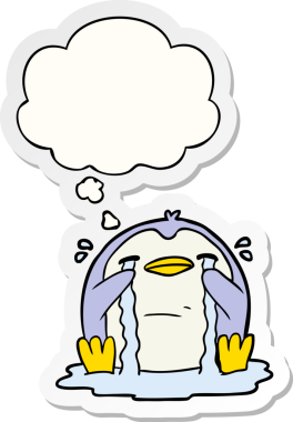 Karikatür ağlayan penguen. Düşünce baloncuğu insan tarafından çizilmiş bir çıkartma.