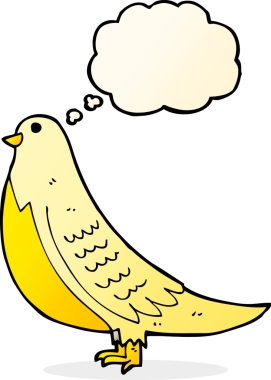 Bir insan tarafından çizilmiş düşünce baloncuklu çizgi film kuşu.