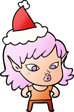 Bir insan tarafından çizilmiş Noel Baba şapkası giymiş güzel bir elf kızının gradyan çizimi.