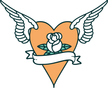 Bir insan tarafından çizilmiş çiçek ve bayrak ile uçan bir kalbin ikonik dövme görüntüsü