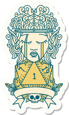 Bir insan tarafından çizilmiş doğal bir ruloya sahip üzgün bir elf barbarının çıkartması.