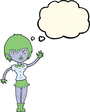 Bir insan tarafından çizilmiş düşünce balonlu vampir kız.