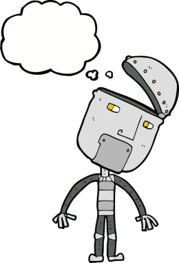 Bir insan tarafından çizilmiş düşünce baloncuklu çizgi film robotu