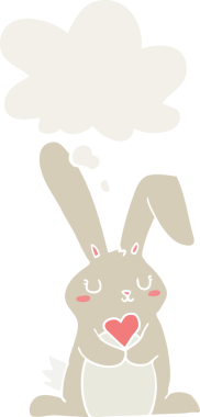 Düşünce baloncuğuna aşık çizgi film tavşanı insan tarafından çizilmiş.