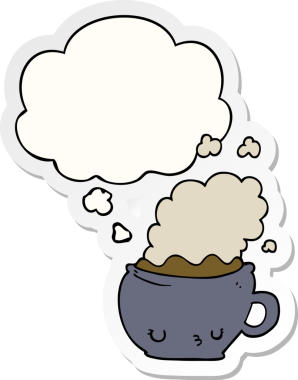 Düşünce baloncuklu şirin kahve fincanı bir insan tarafından çizilmiş çıkartma gibi.