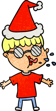 Bir insan tarafından çizilmiş Noel Baba şapkası takan gözlüklü bir çocuğun el çizimi karikatürü.