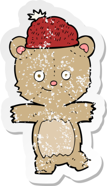 Bir insan tarafından çizilmiş şapkalı çizgi film ayısının gerilimli çıkartması.