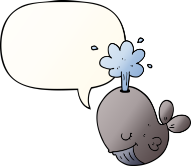 Bir insan tarafından çizilmiş, konuşma baloncuğu olan çizgi film balinası.