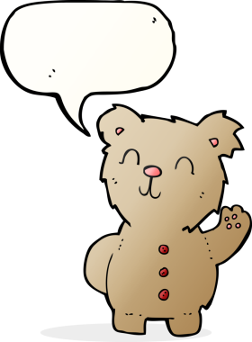 Bir insan tarafından çizilmiş konuşma balonlu oyuncak ayı.