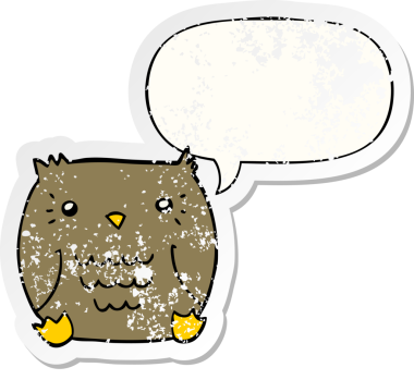 Konuşma baloncuğu olan çizgi film baykuşu bir insan tarafından çizilmiş sıkıntılı eski bir çıkartma